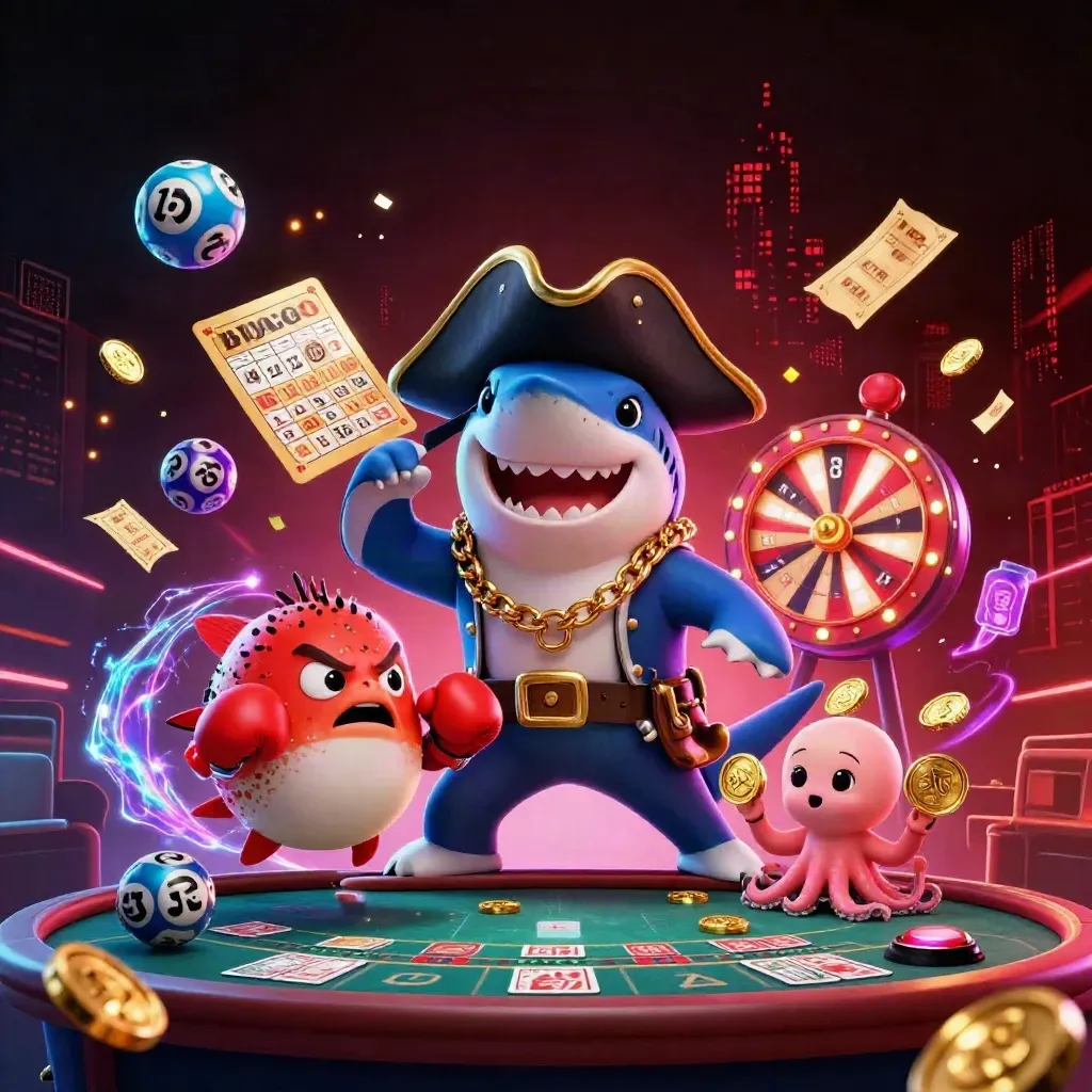 Pirate shark, boxing pufferfish, and juggling octopus amid neon casino chaos and flying gold coins