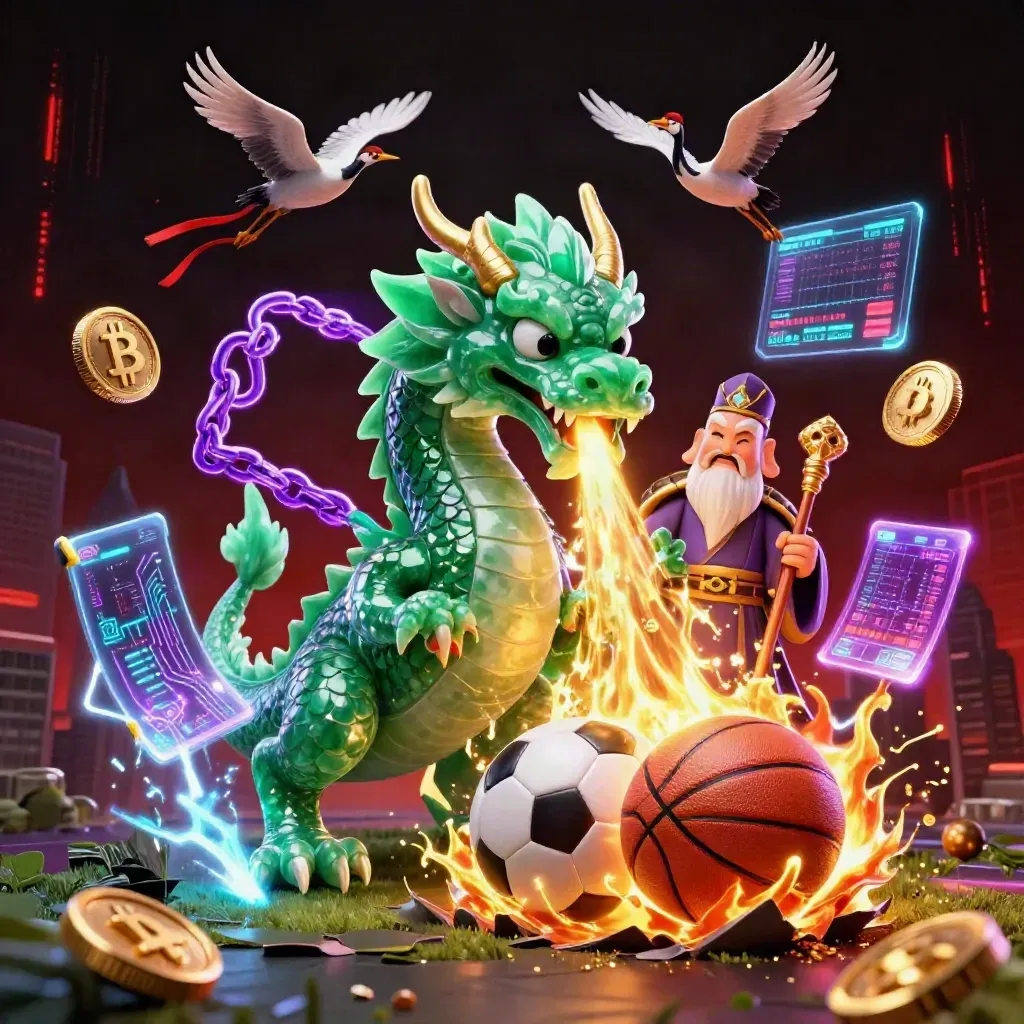 Emerald dragon, turtle sage and cranes amid neon coins, fire and flying balls in a dark casino arena