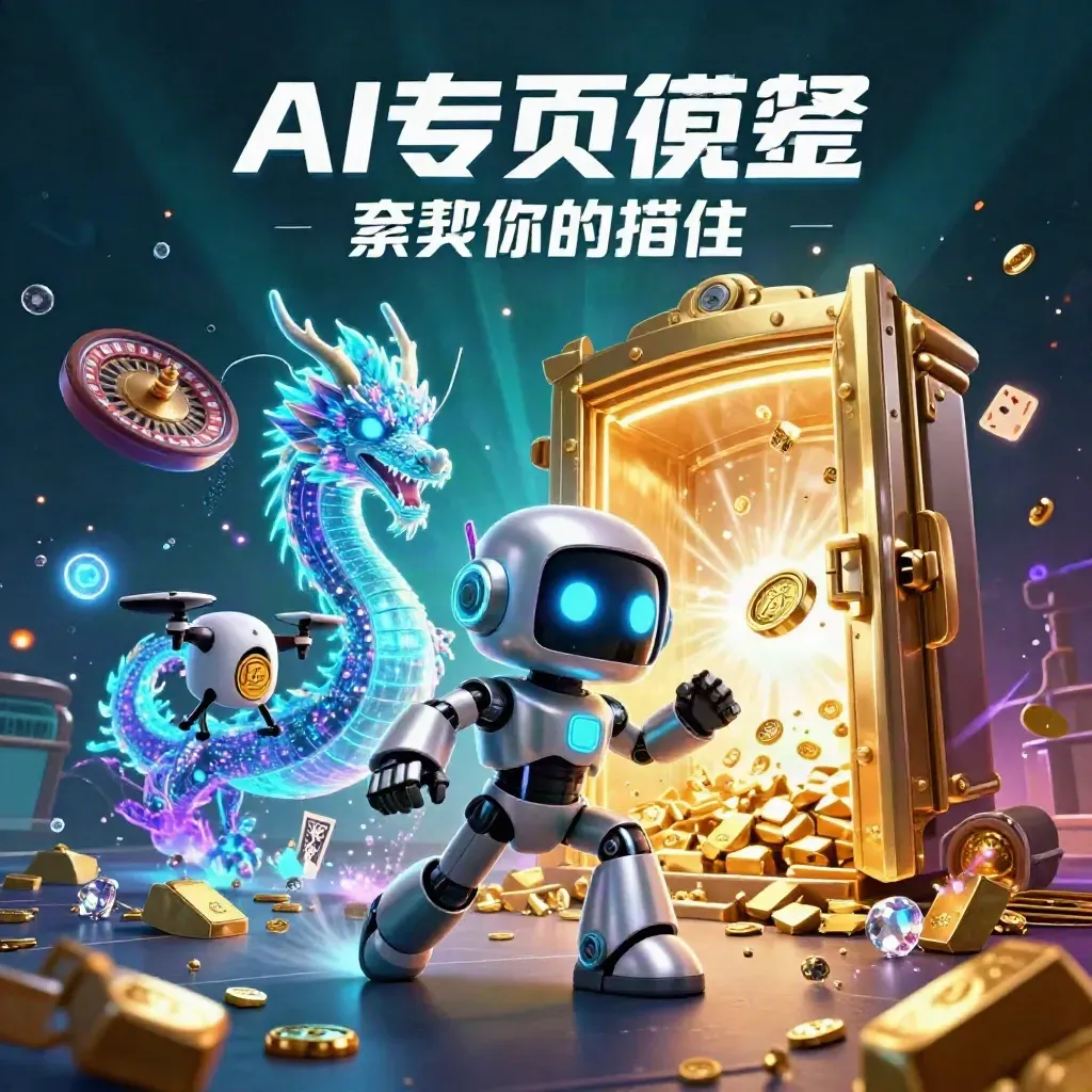 Cyberpunk robot, holographic dragon and coin drone amid vault treasure, neon underwater casino scene