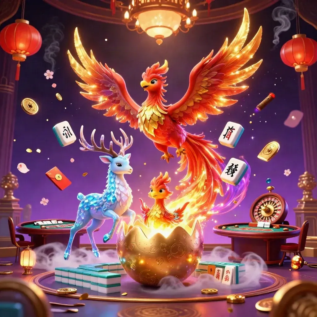 Phoenix, hatching chick, and crystal stag amid casino relics in a neon purple fantasy scene.