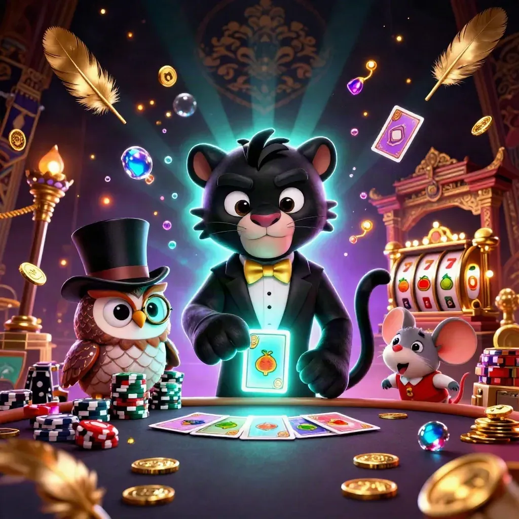 Panther, owl, and mouse in tuxedos amid treasure, gems, casino chips, and neon glow.
