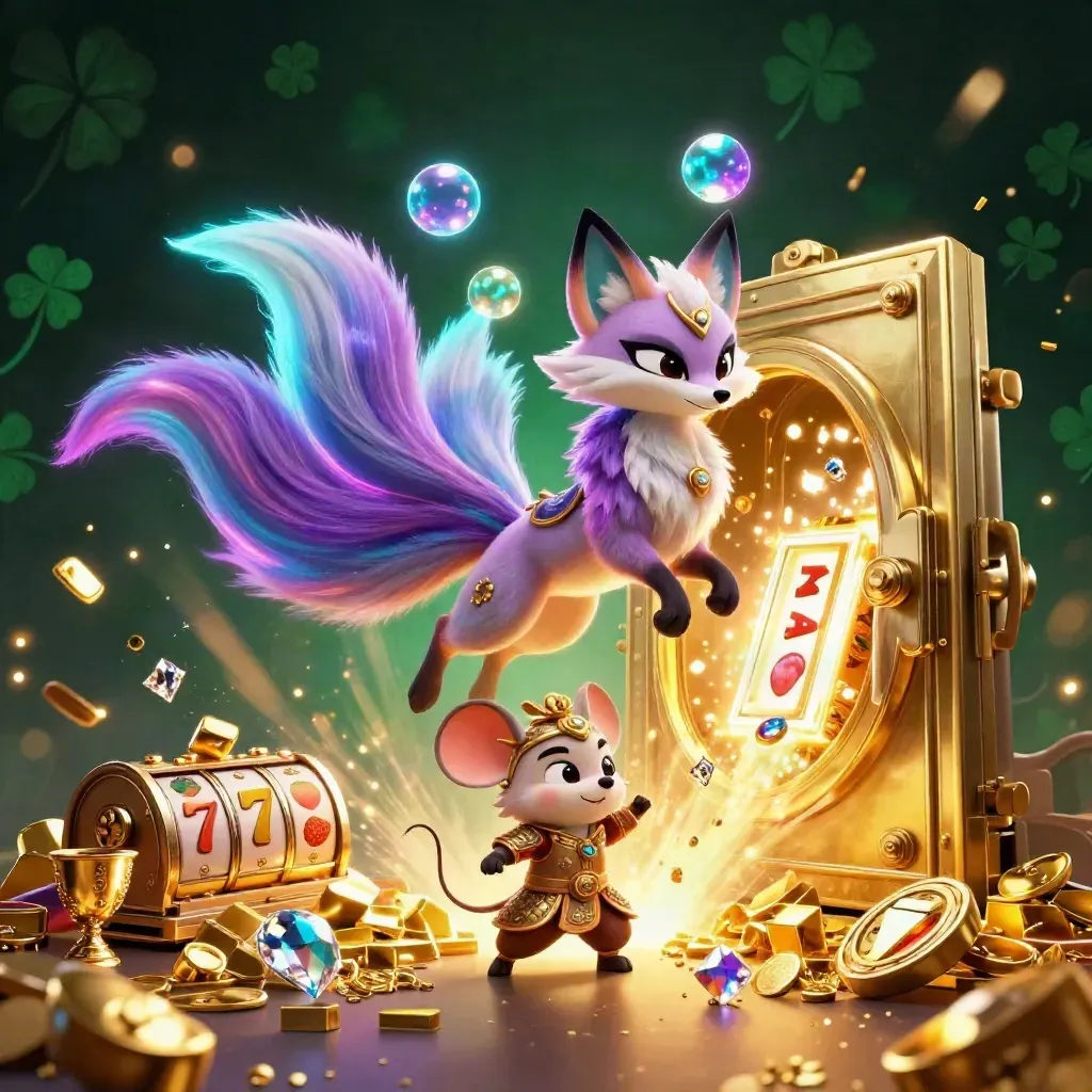 Nine-tailed fox spirit and samurai mouse burst from a golden vault amid neon treasure.