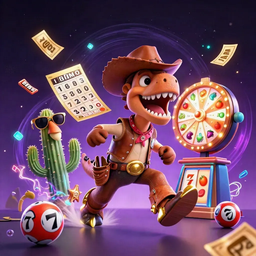 Cowboy T-Rex, cactus sidekick, and roadrunner amid casino bursts, neon effects, and purple spacey backdrop.