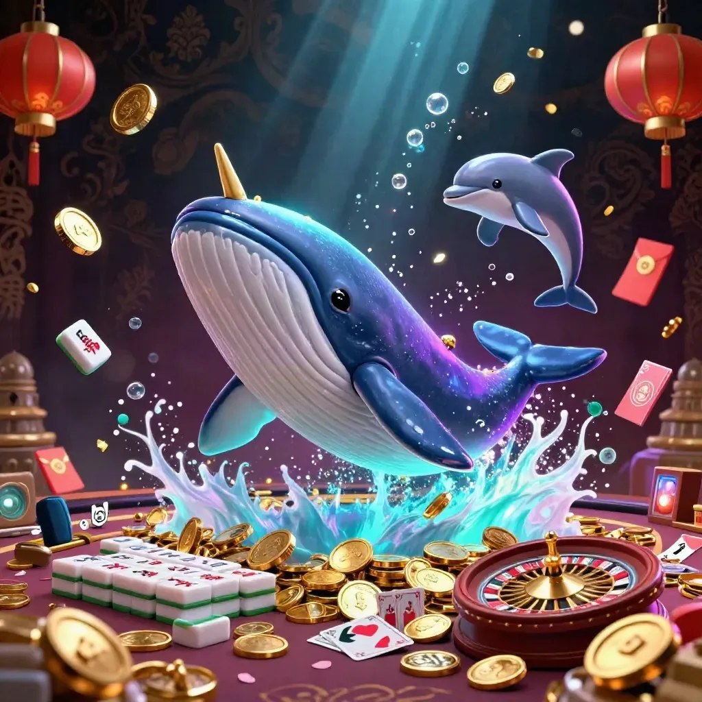 Whale captain, narwhal, and dolphins burst from coins with casino fireworks and neon glow.