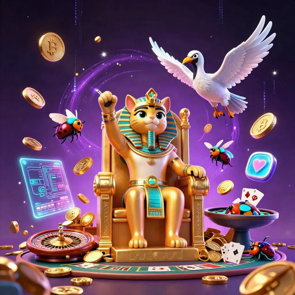 Pharaoh cat, ibis scribe and gem-winged scarabs amid gold coins, fireworks and neon casino tech.