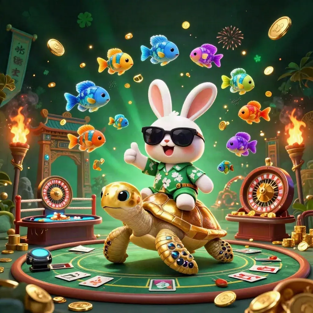 Lucky rabbit rides a gem-shell turtle amid casino coins, cards, and neon firelight.