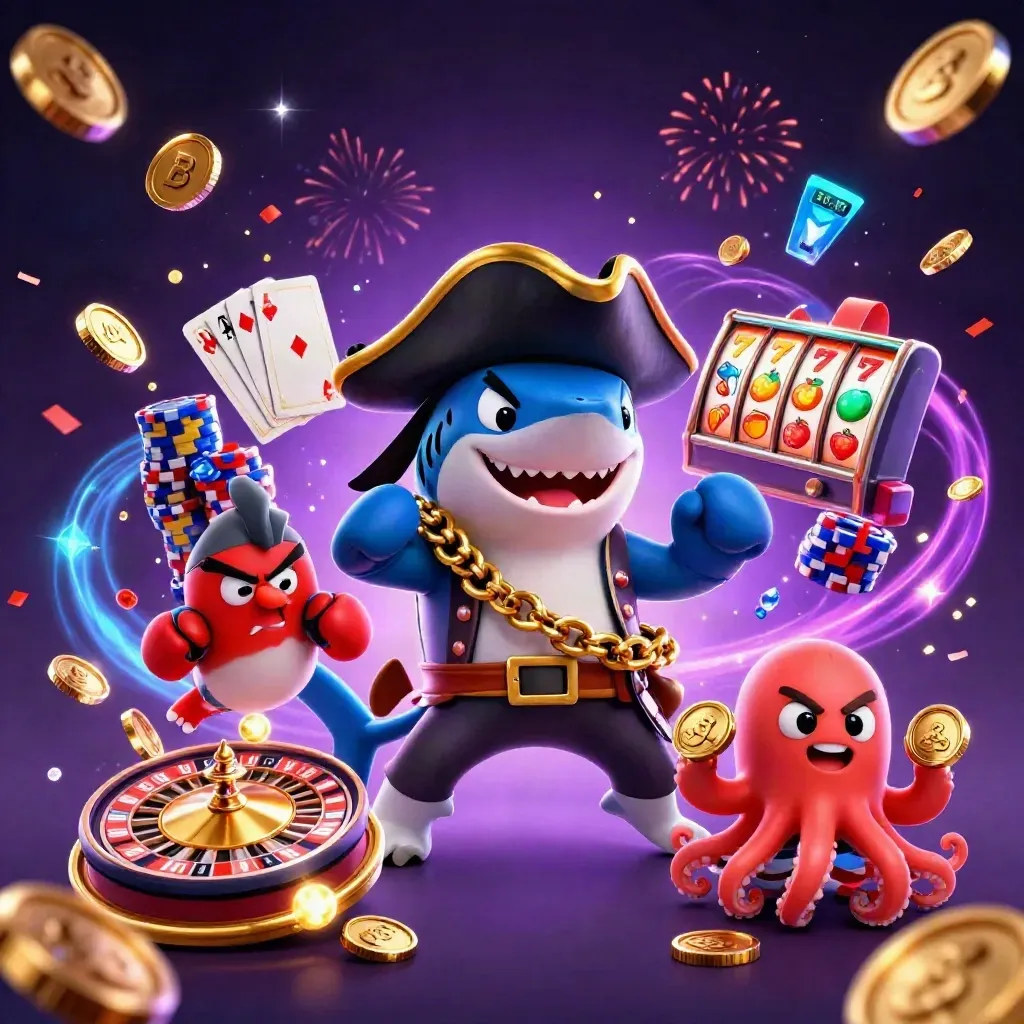 Pirate shark, boxing pufferfish, and coin-juggling octopus amid casino sparks.