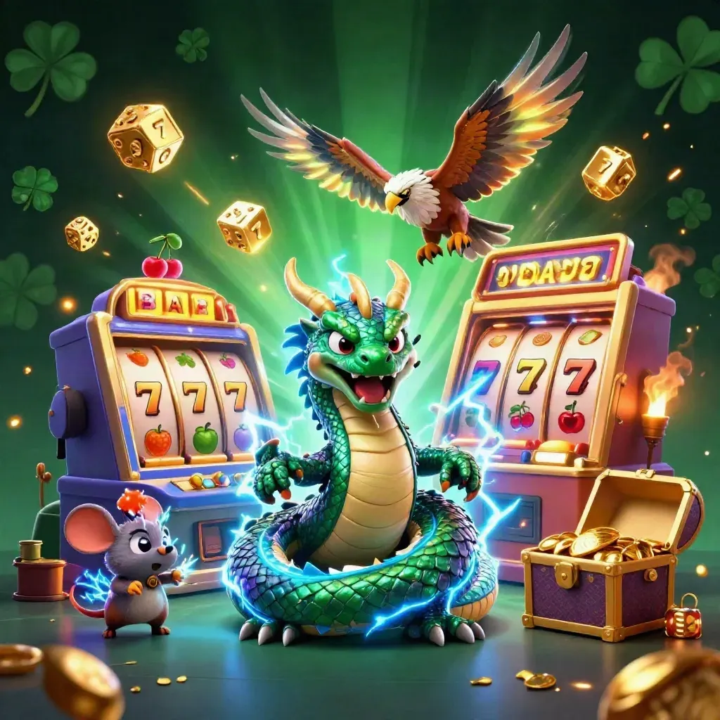 Thunder dragon, wind hawk and crackling mouse explode from a slot machine with gold and neon effects.