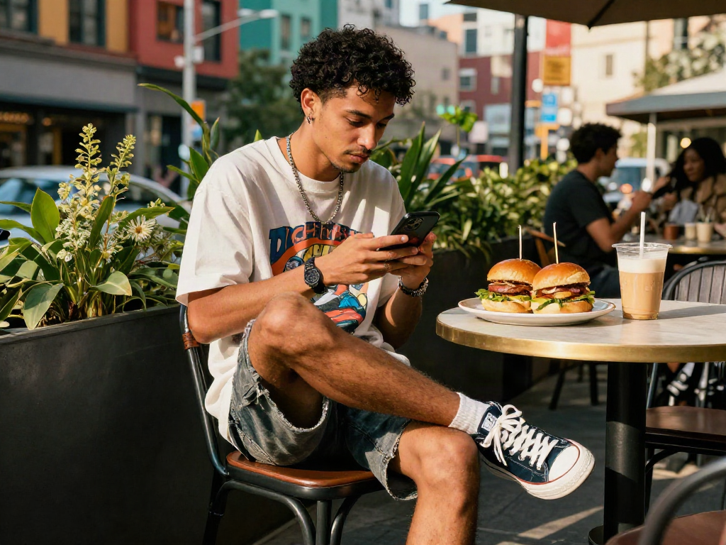 Trendy individual enjoying a meal at a cafe while checking their smartphone in an urban environment, highlighting lifestyle and leisure.